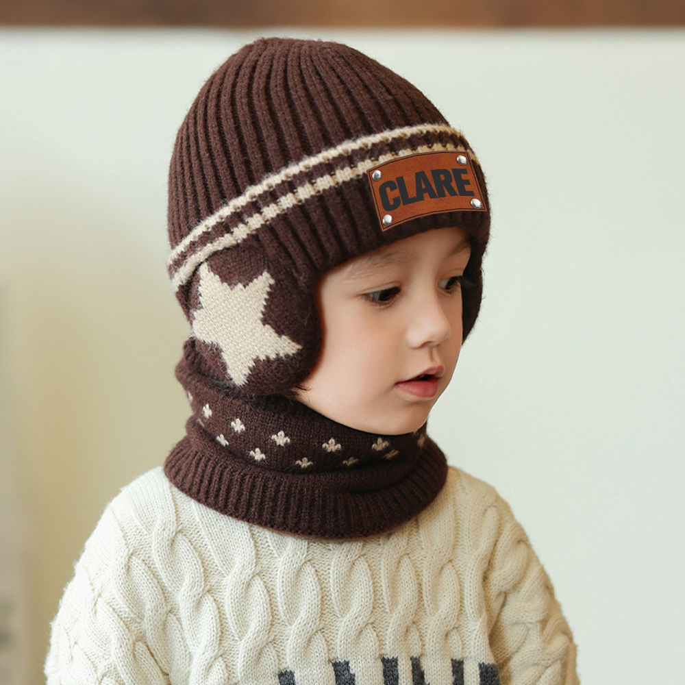 Personalized Kid Leather Patch Winter Beanie With Knitted Scarf Set 