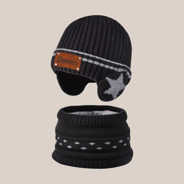 Personalized Kid Leather Patch Winter Beanie With Knitted Scarf Set 