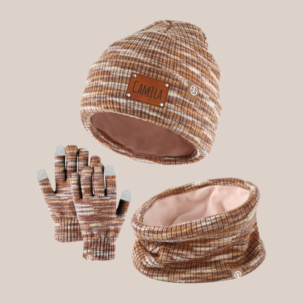 Personalized Kid Leather Patch Winter Beanie With Knitted Scarf Set 