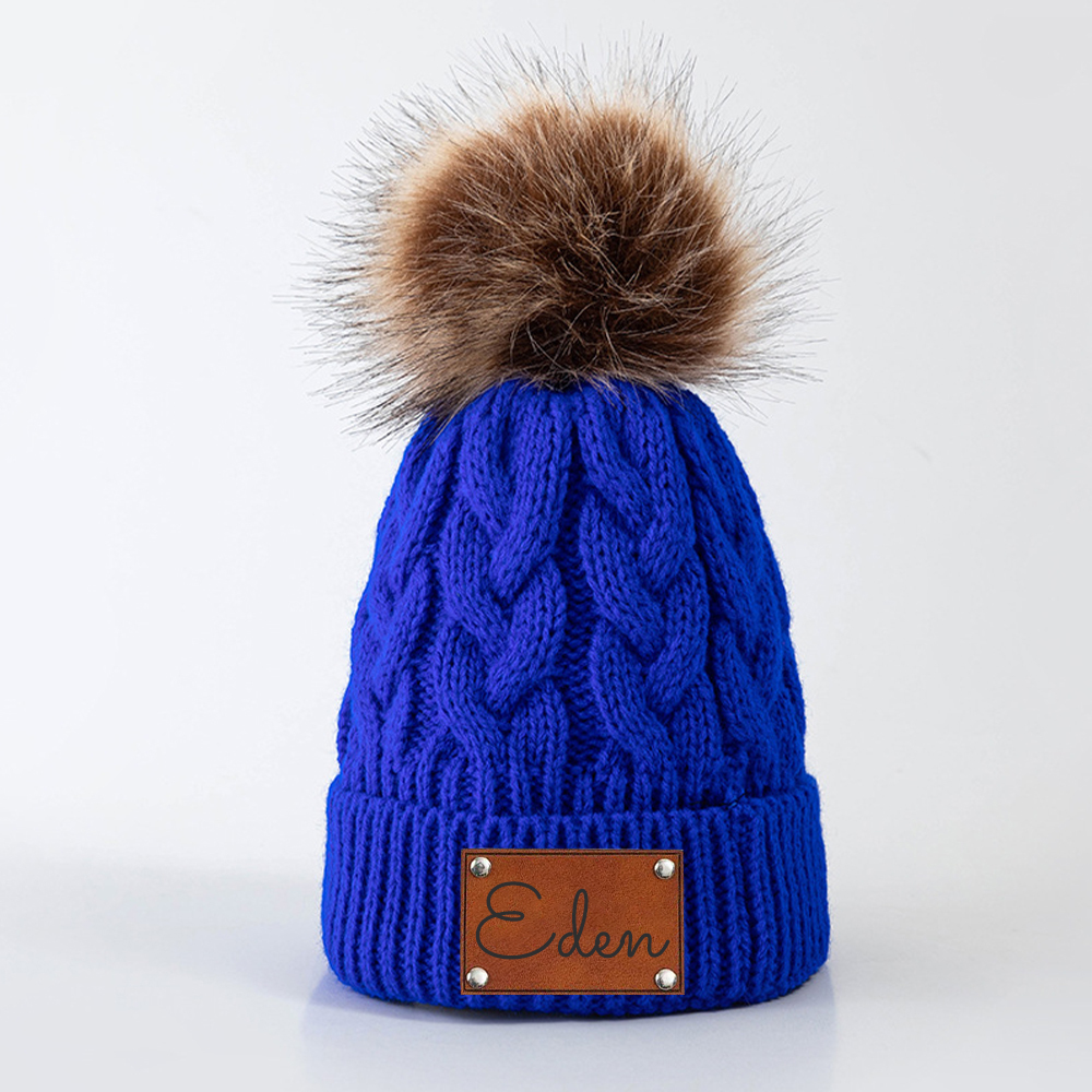 Personalized Kids Faux Leather Patch Pom Pom Beanie