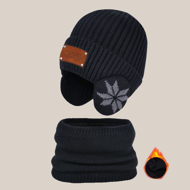 Personalized Kid Leather Patch Winter Beanie With Knitted Scarf Set 