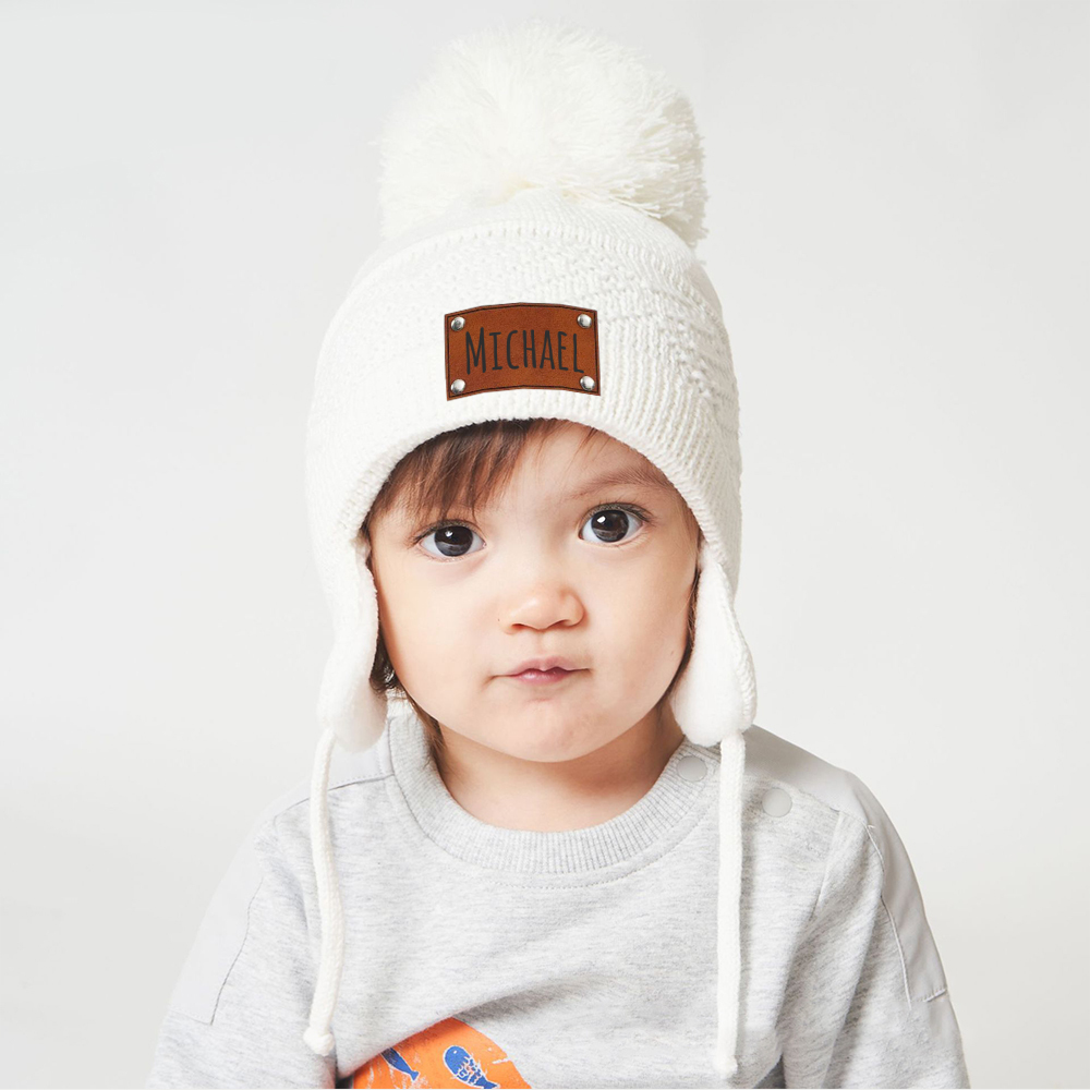 Personalized Kid Leather Patch Pom Pom Knit Hat