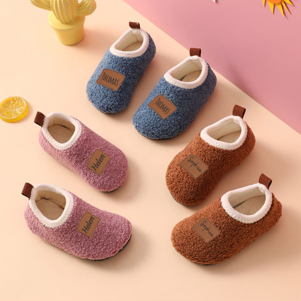 Personalized Kid Leather Patch Warm Plush Floor Sock Shoes 