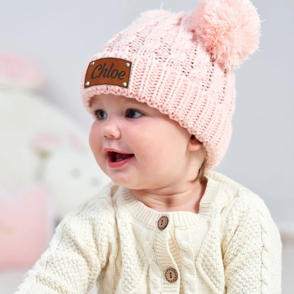 Personalized Kid Leather Patch Pom Pom Knit Hat