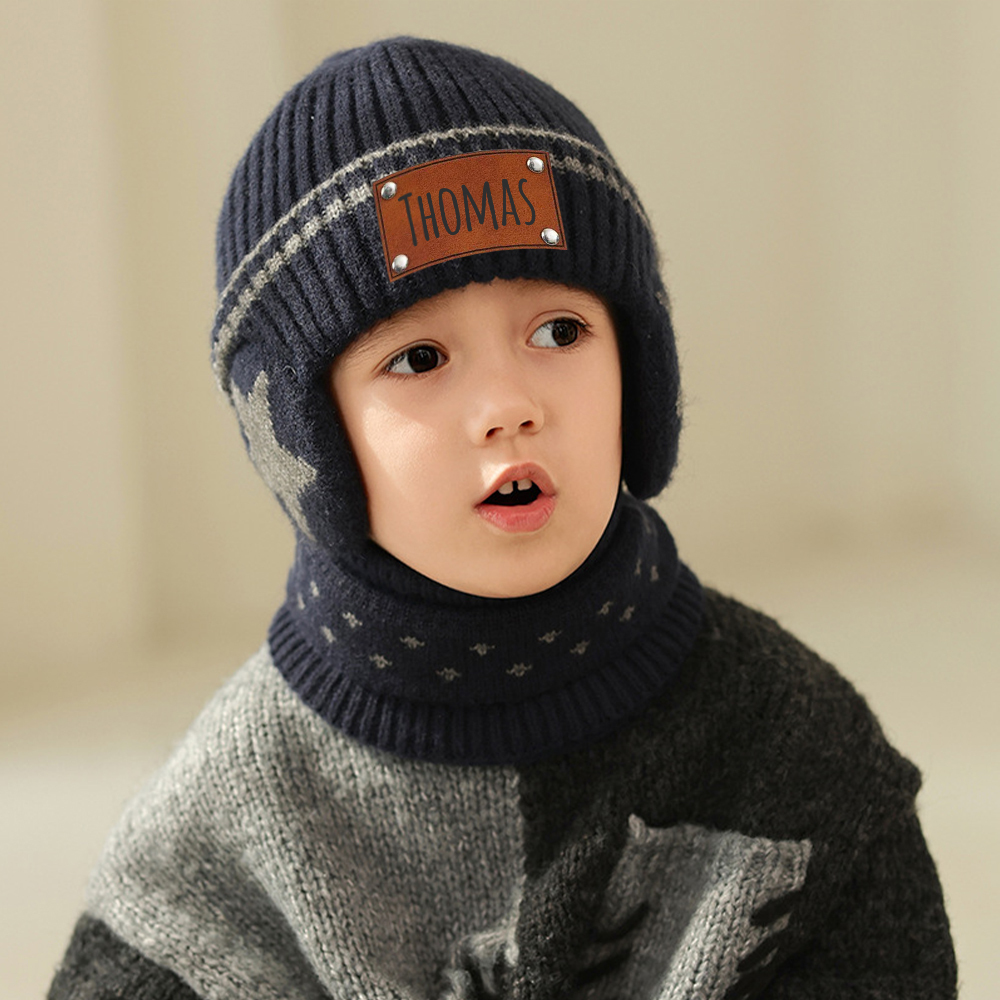 Personalized Kid Leather Patch Winter Beanie With Knitted Scarf Set 