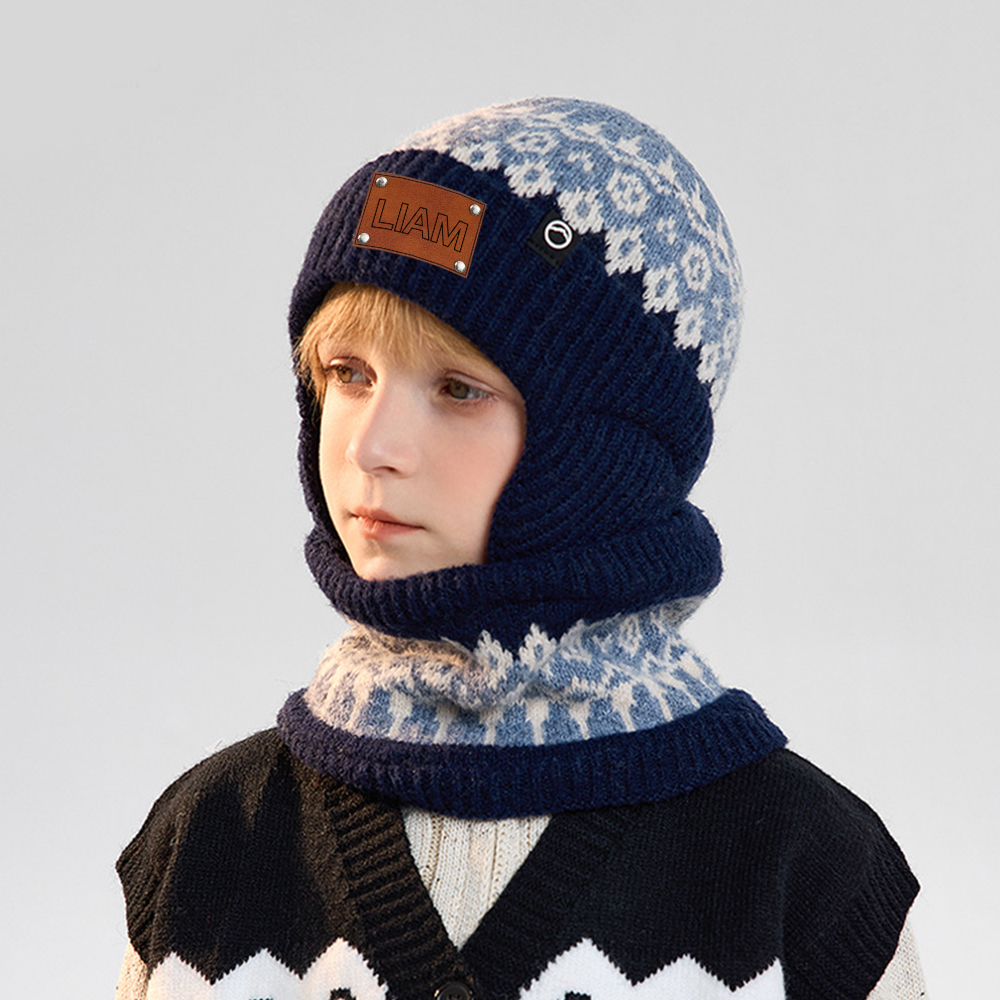 Personalized Kid Leather Patch Winter Beanie With Knitted Scarf Set 