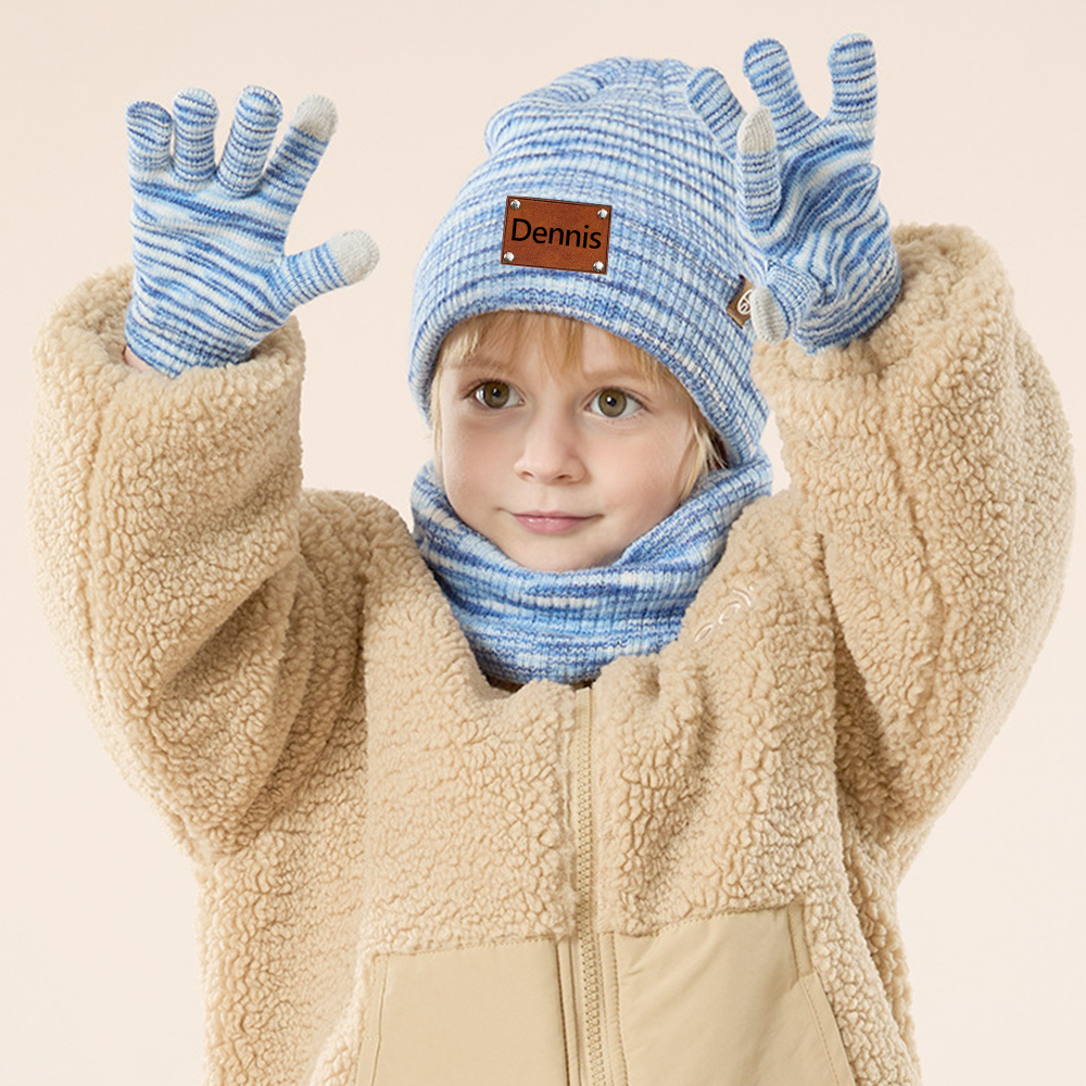 Personalized Kid Leather Patch Winter Beanie With Knitted Scarf Set 