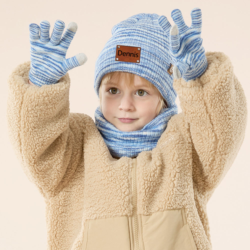 Personalized Kid Leather Patch Winter Beanie With Knitted Scarf Set 