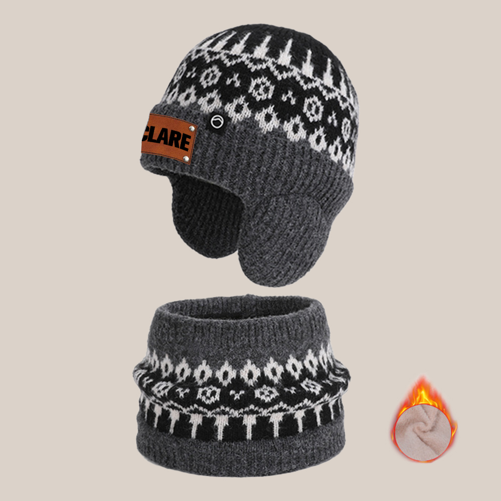 Personalized Kid Leather Patch Winter Beanie With Knitted Scarf Set 
