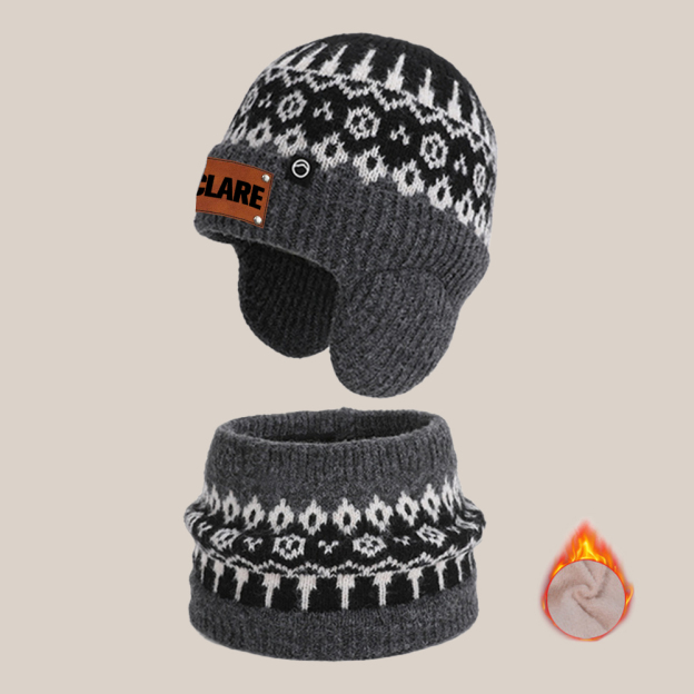 Personalized Kid Leather Patch Winter Beanie With Knitted Scarf Set 