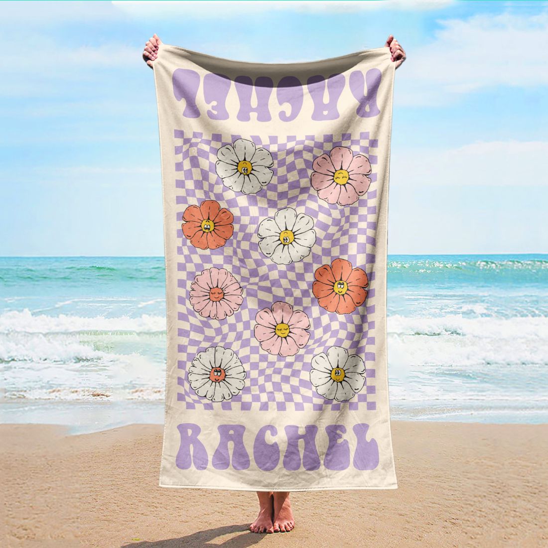 Personalized Smiling face Flowers Beach Towel