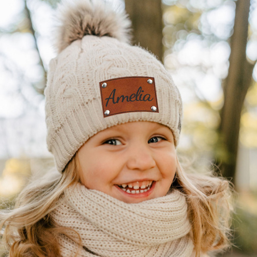 Personalized Kids Faux Leather Patch Pom Pom Beanie
