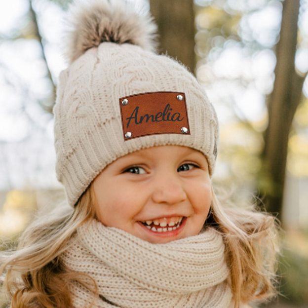 Personalized Kids Faux Leather Patch Pom Pom Beanie