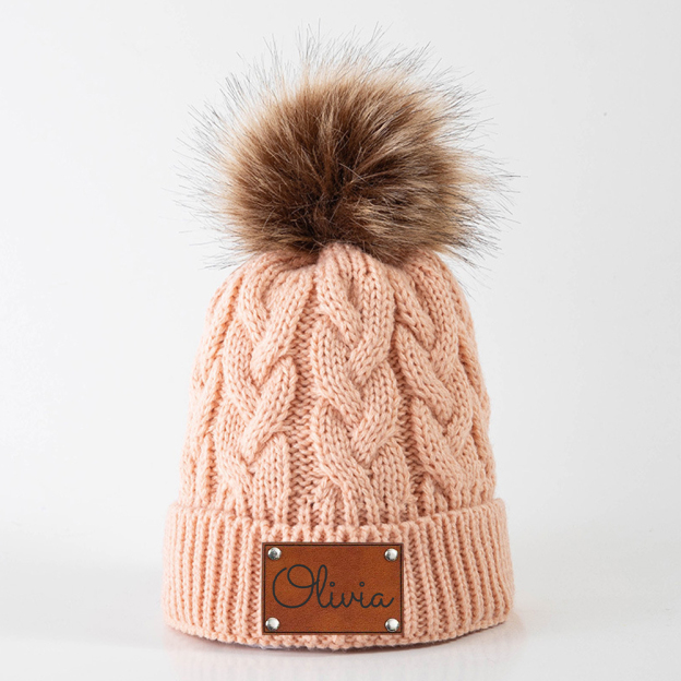 Personalized Kids Faux Leather Patch Pom Pom Beanie