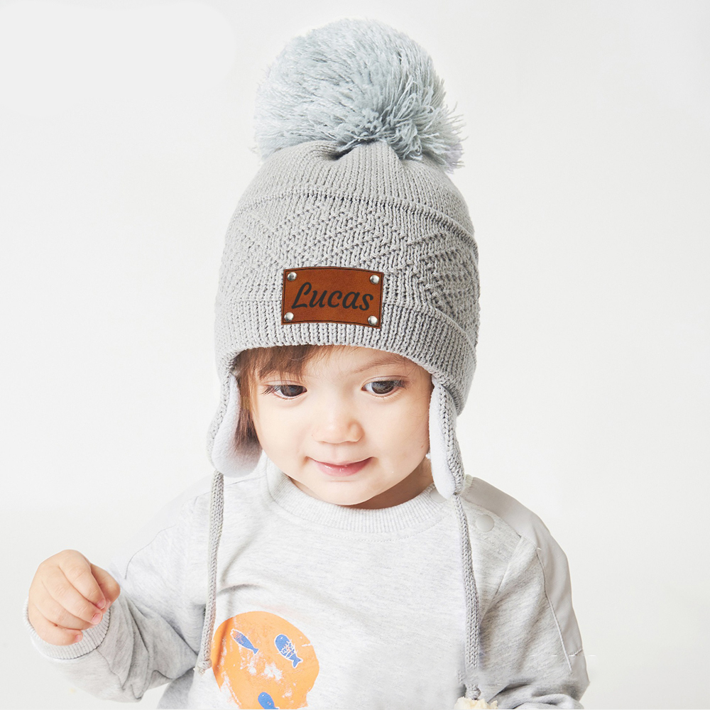 Personalized Kid Leather Patch Pom Pom Knit Hat