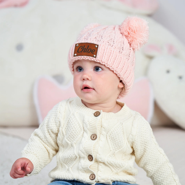 Personalized Kid Leather Patch Pom Pom Knit Hat