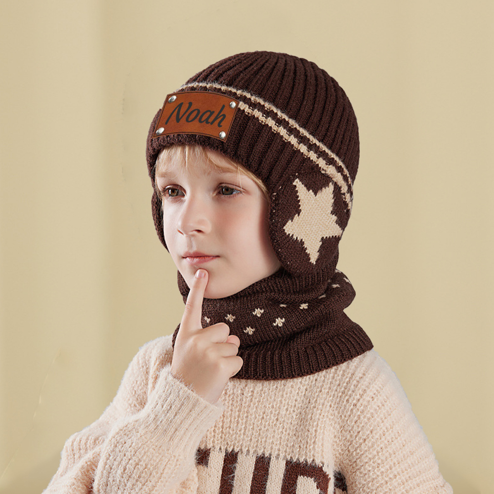 Personalized Kid Leather Patch Winter Beanie With Knitted Scarf Set 
