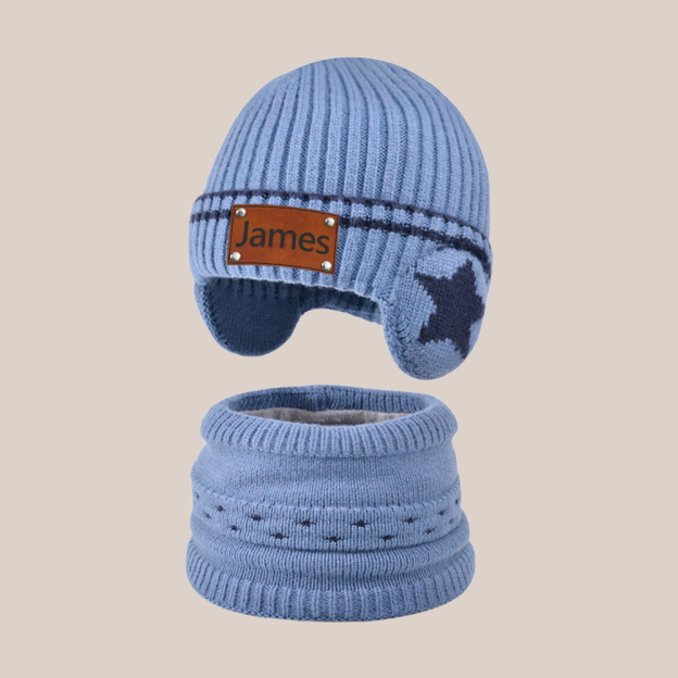 Personalized Kid Leather Patch Winter Beanie With Knitted Scarf Set 