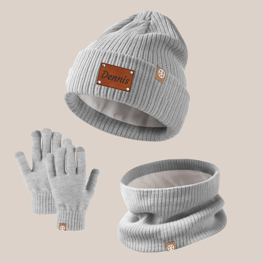 Personalized Kid Leather Patch Winter Beanie With Knitted Scarf Set 
