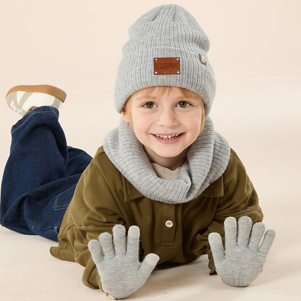 Personalized Kid Leather Patch Winter Beanie With Knitted Scarf Set 
