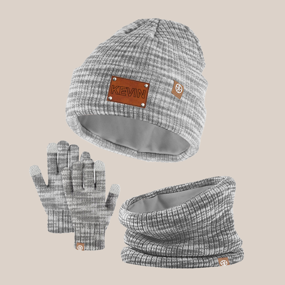 Personalized Kid Leather Patch Winter Beanie With Knitted Scarf Set 