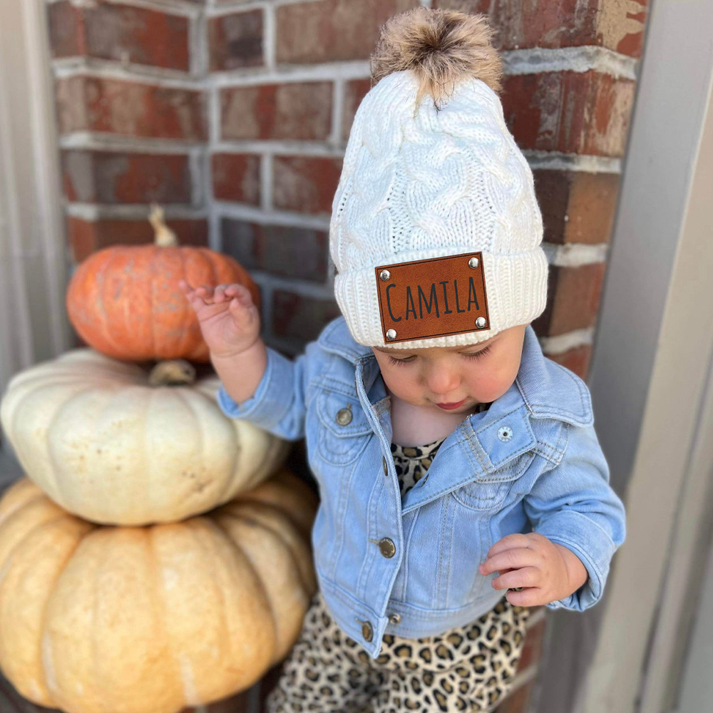 Personalized Kids Faux Leather Patch Pom Pom Beanie
