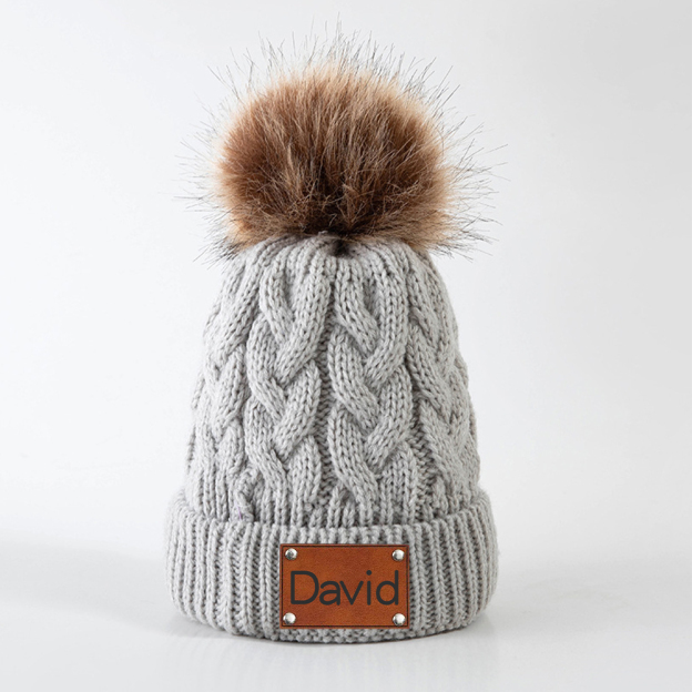 Personalized Kids Faux Leather Patch Pom Pom Beanie