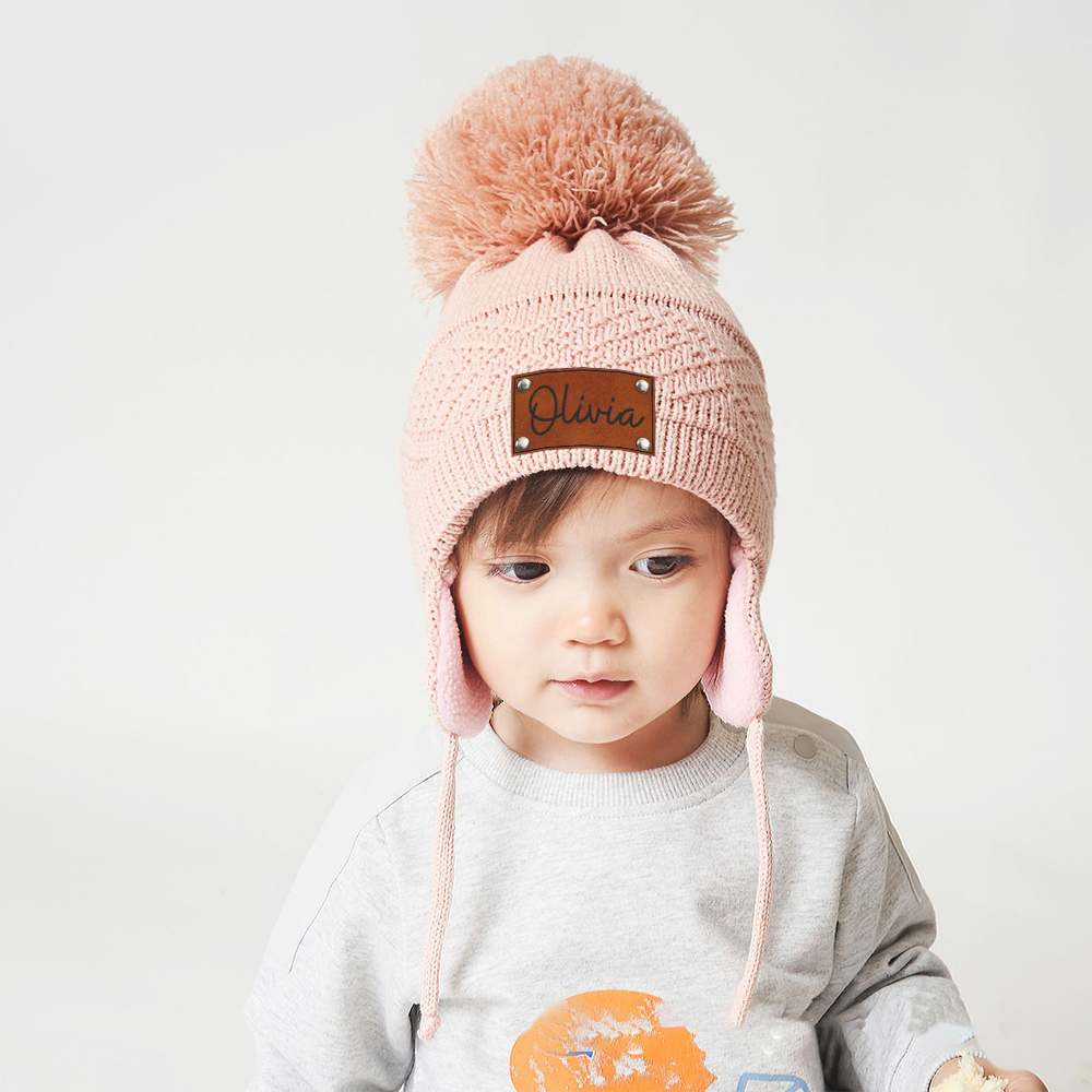 Personalized Kid Leather Patch Pom Pom Knit Hat