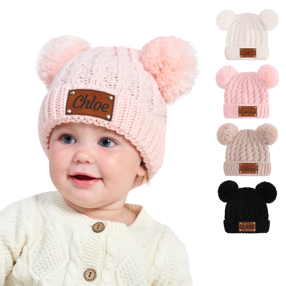 Personalized Kid Leather Patch Pom Pom Knit Hat