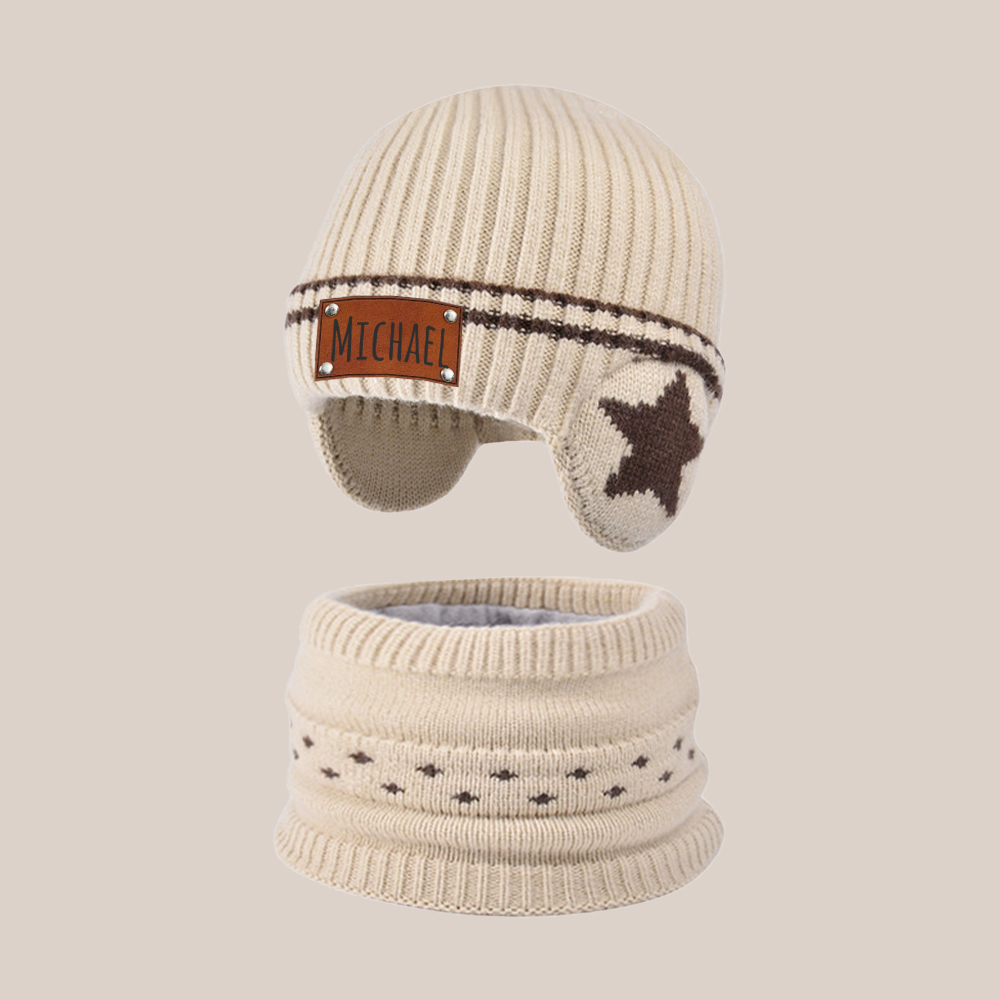 Personalized Kid Leather Patch Winter Beanie With Knitted Scarf Set 