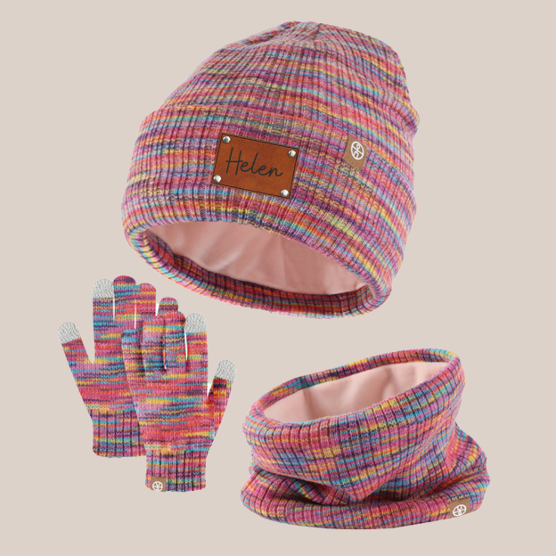 Personalized Kid Leather Patch Winter Beanie With Knitted Scarf Set 