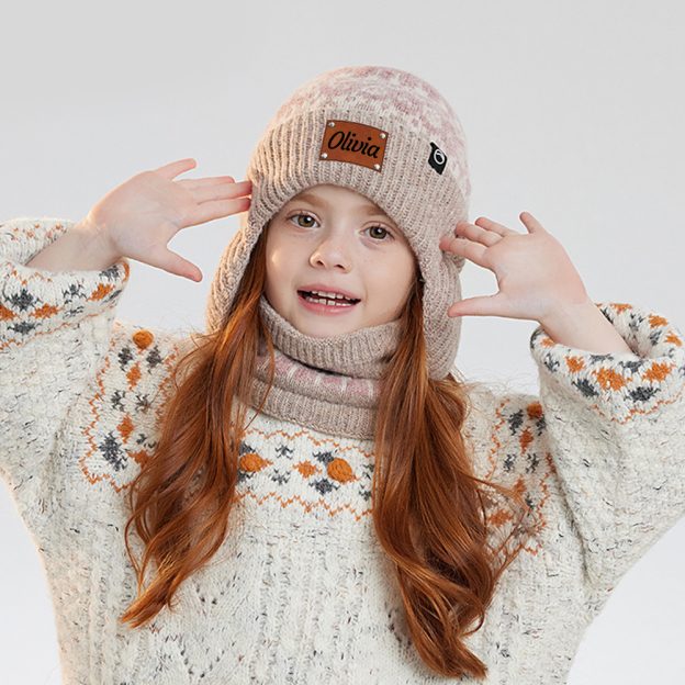 Personalized Kid Leather Patch Winter Beanie With Knitted Scarf Set 