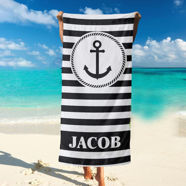 Personalized Striped Beach Towel with Anchor for Summer & Beach | KKTowel57