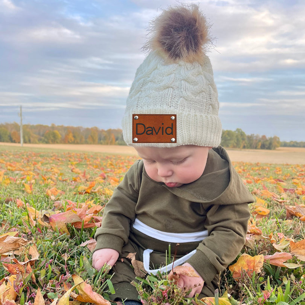 Personalized Kids Faux Leather Patch Pom Pom Beanie