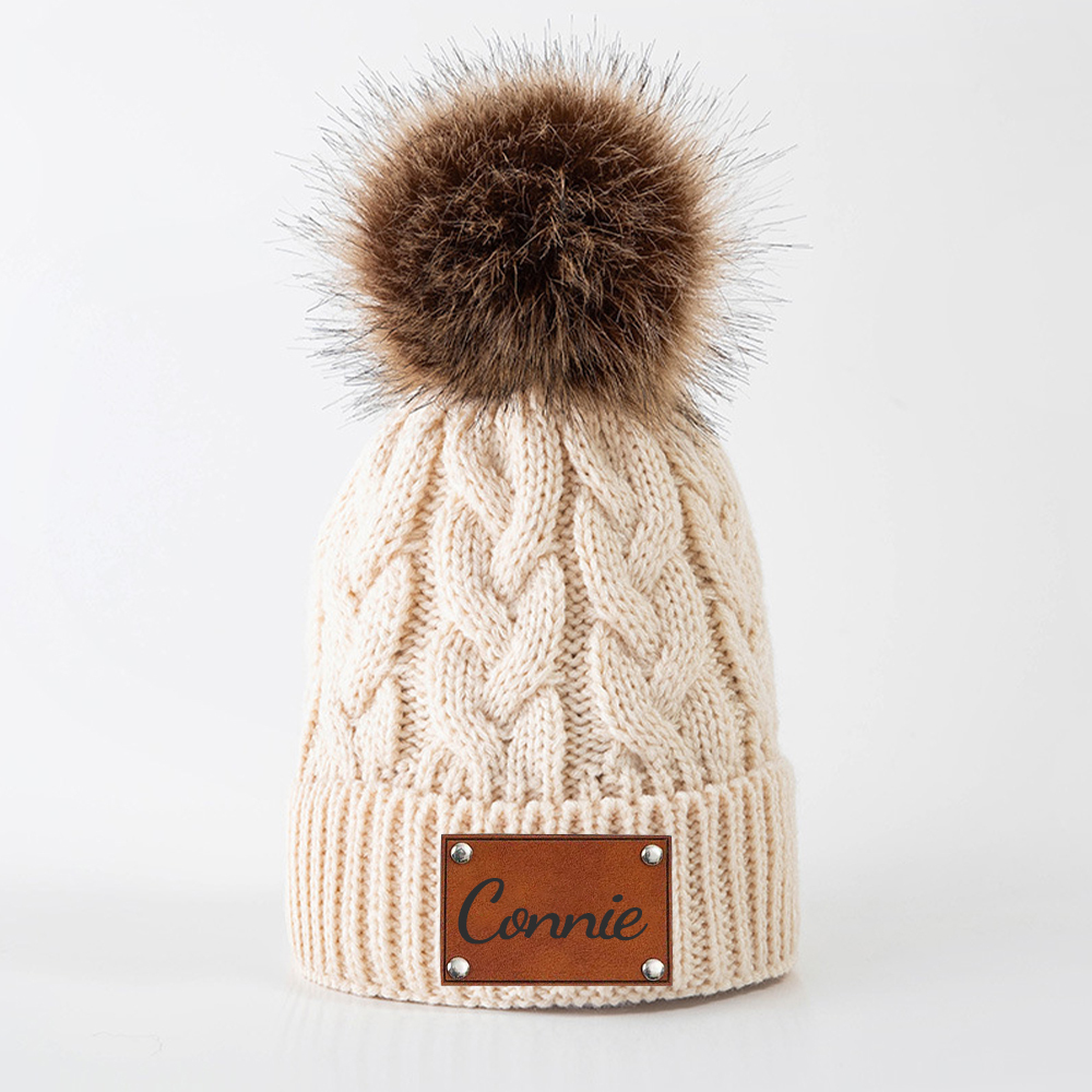 Personalized Kids Faux Leather Patch Pom Pom Beanie