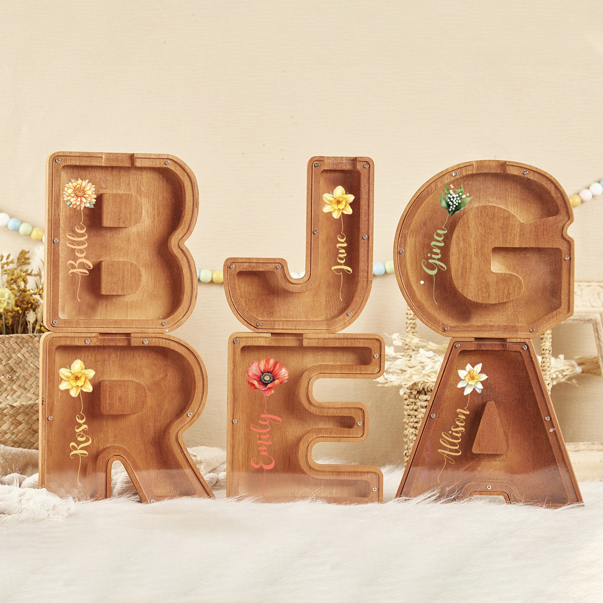 Personalized Kid Cute Wood Letter Birth Flower Money Boxes