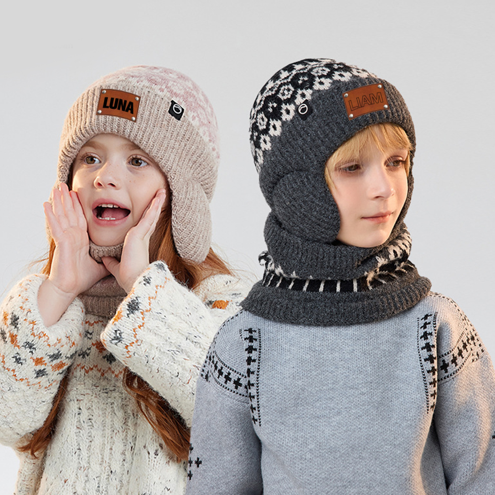 Personalized Kid Leather Patch Winter Beanie With Knitted Scarf Set 