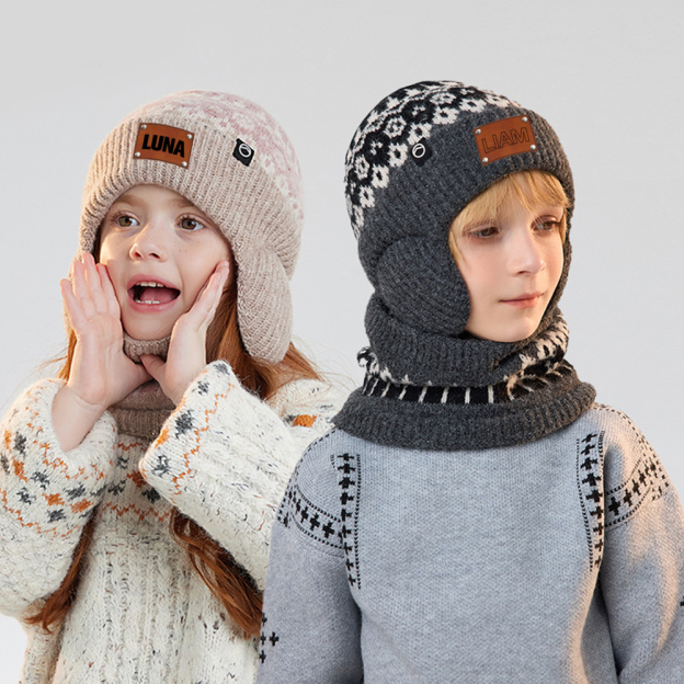 Personalized Kid Leather Patch Winter Beanie With Knitted Scarf Set 