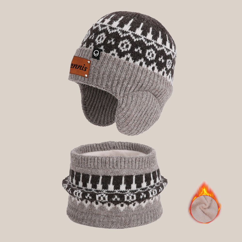 Personalized Kid Leather Patch Winter Beanie With Knitted Scarf Set 