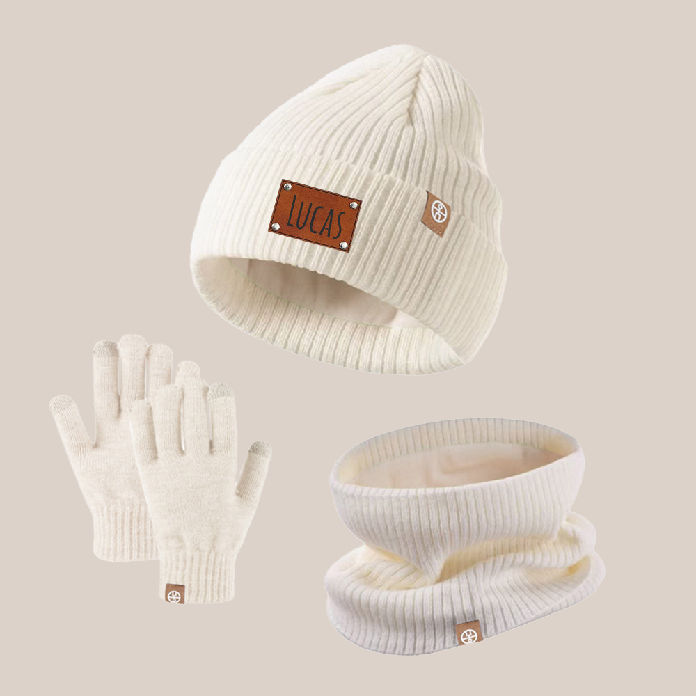 Personalized Kid Leather Patch Winter Beanie With Knitted Scarf Set 