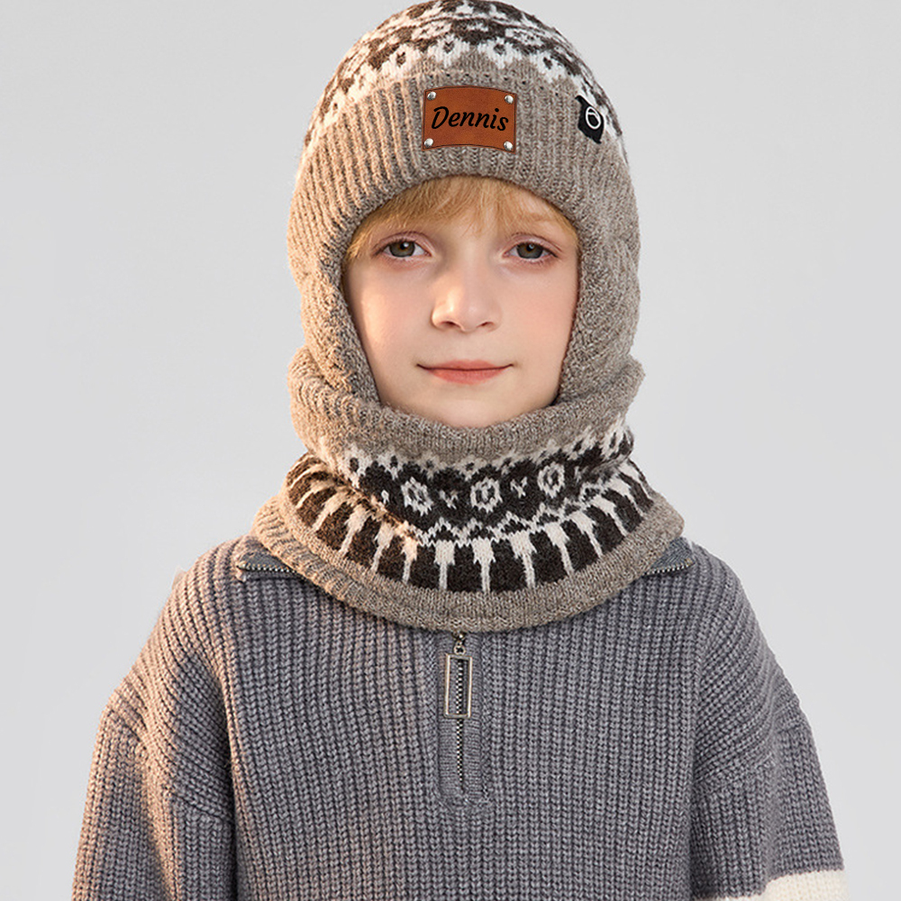 Personalized Kid Leather Patch Winter Beanie With Knitted Scarf Set 