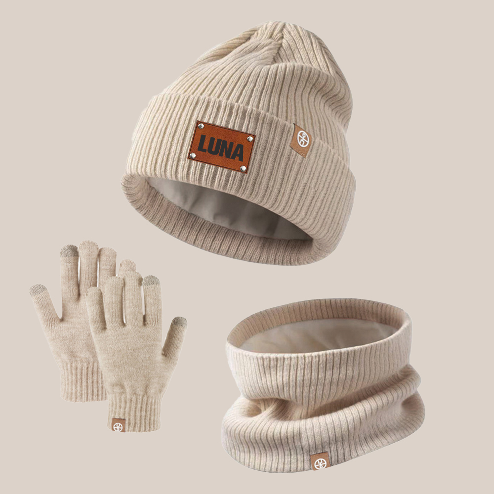 Personalized Kid Leather Patch Winter Beanie With Knitted Scarf Set 