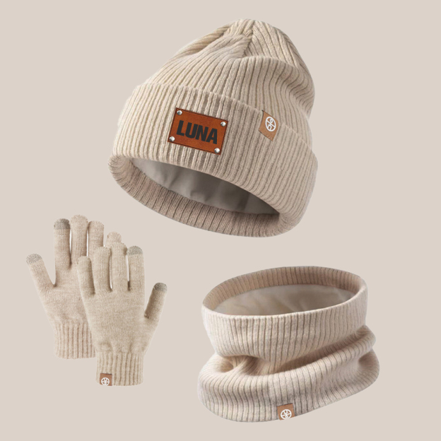 Personalized Kid Leather Patch Winter Beanie With Knitted Scarf Set 