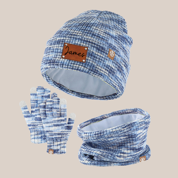 Personalized Kid Leather Patch Winter Beanie With Knitted Scarf Set 