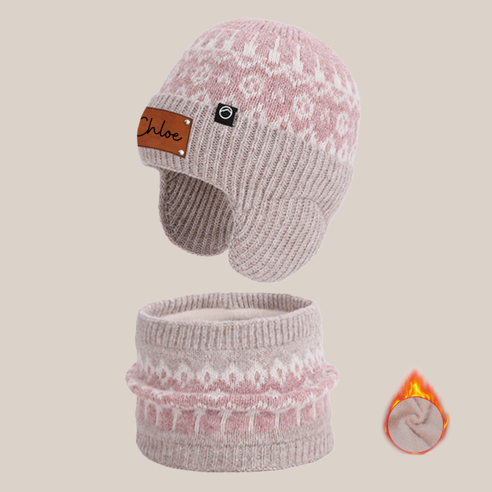 Personalized Kid Leather Patch Winter Beanie With Knitted Scarf Set 