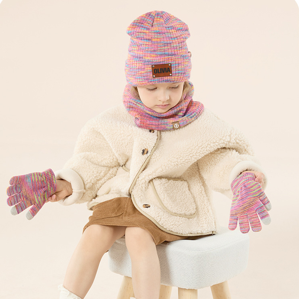 Personalized Kid Leather Patch Winter Beanie With Knitted Scarf Set 