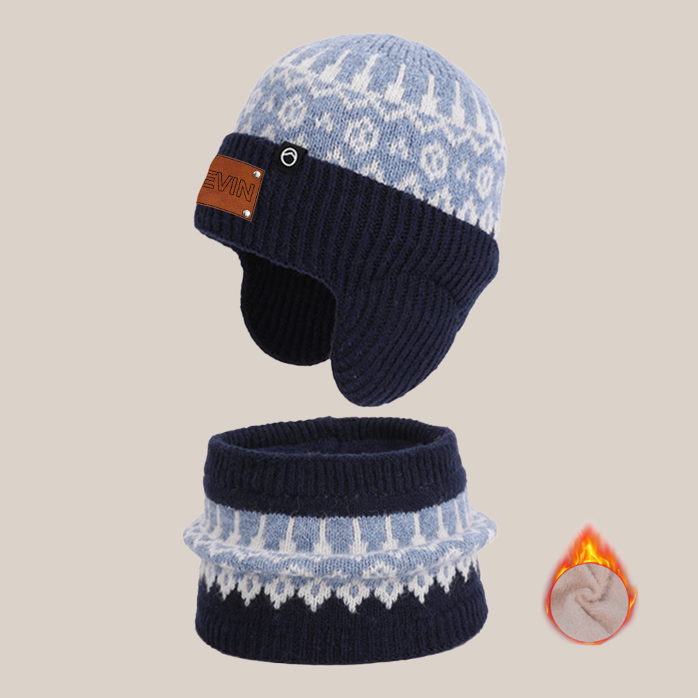 Personalized Kid Leather Patch Winter Beanie With Knitted Scarf Set 