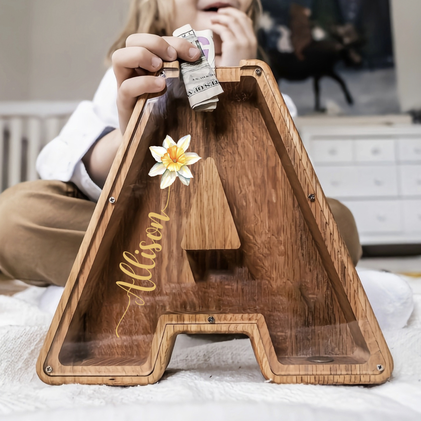 Personalized Kid Cute Wood Letter Birth Flower Money Boxes