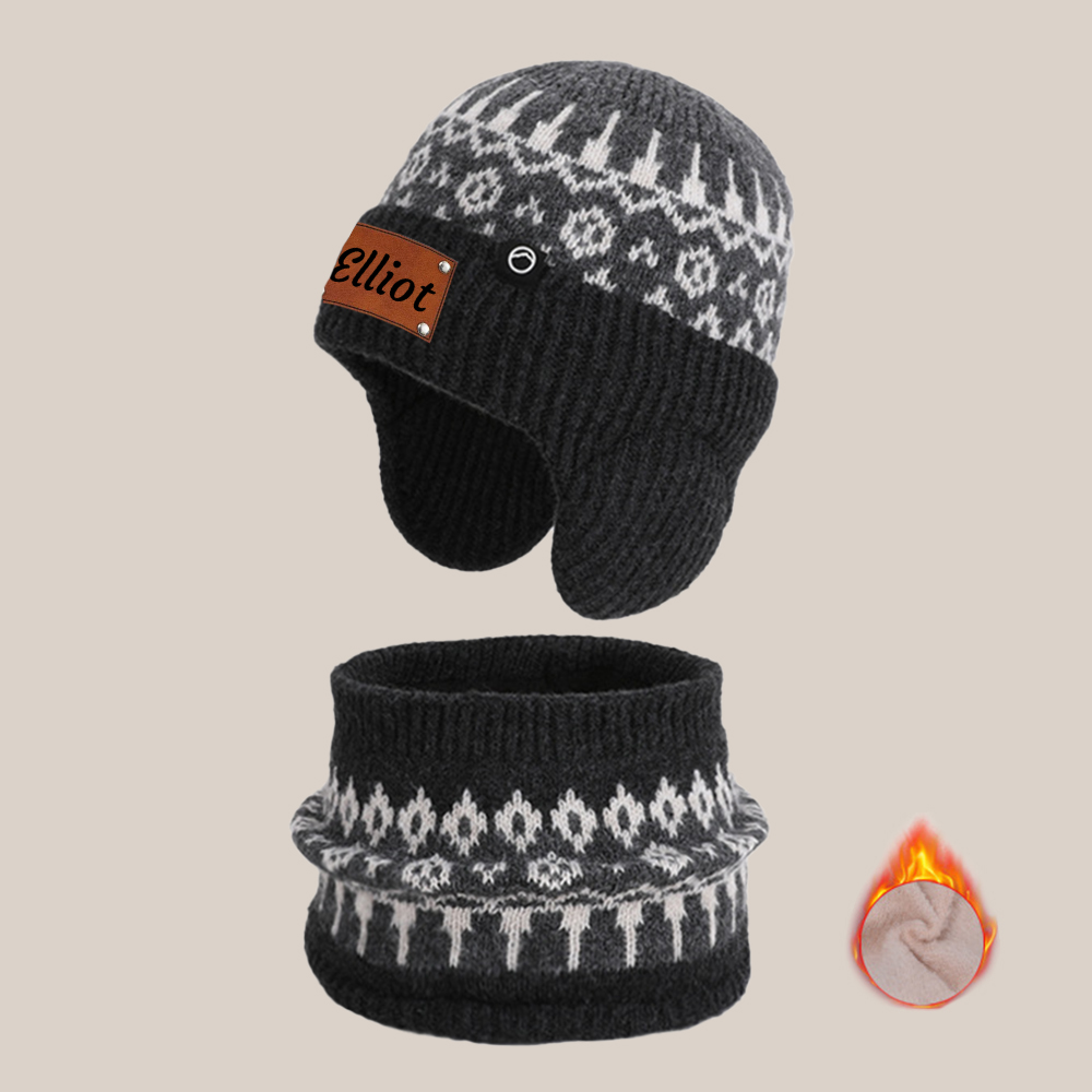Personalized Kid Leather Patch Winter Beanie With Knitted Scarf Set 
