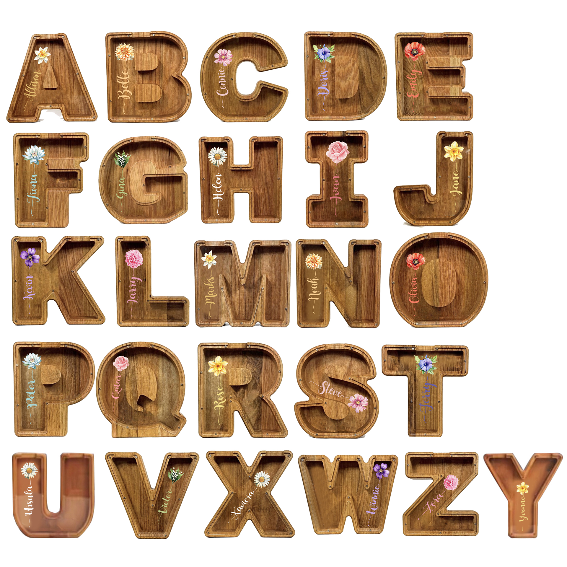 Personalized Kid Cute Wood Letter Birth Flower Money Boxes